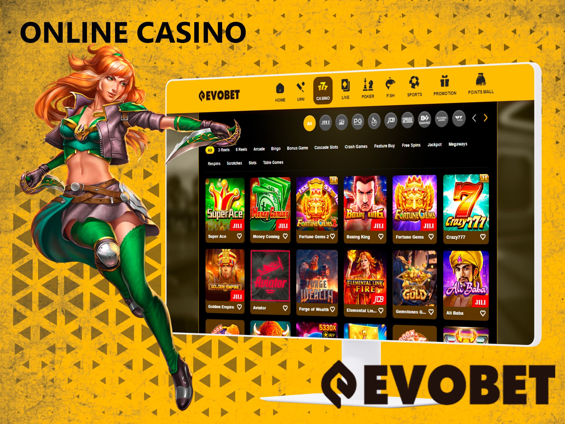 A variety of gaming content in the online casino section of the site Evobet